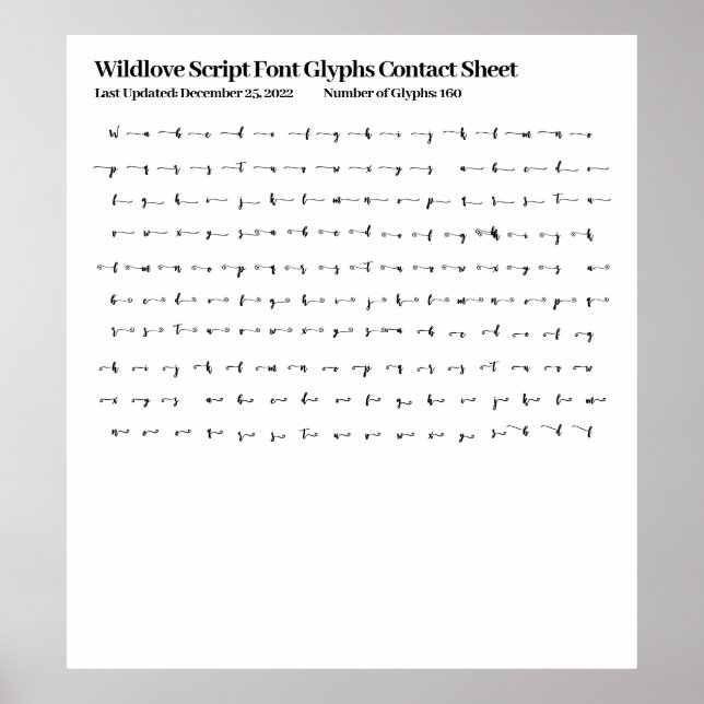 Wildlove Script Font Glyphs Contact Sheet Poster (Front)
