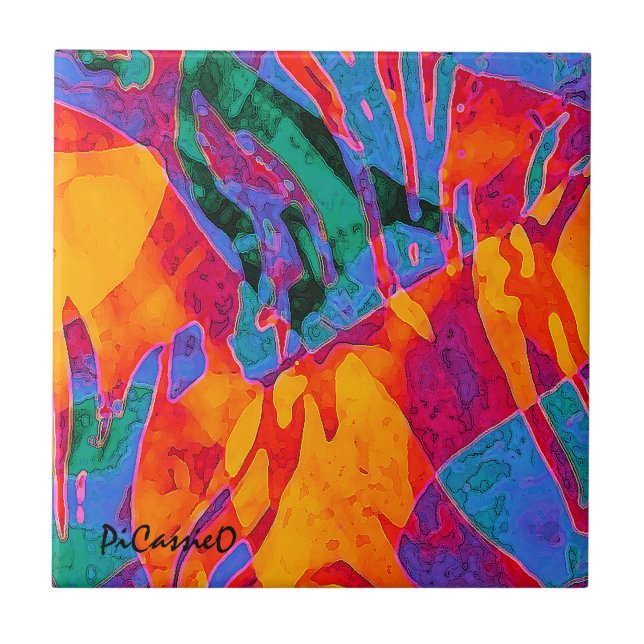 Wildly Colourful Abstract Art by PiCassieO Ceramic Tile (Front)