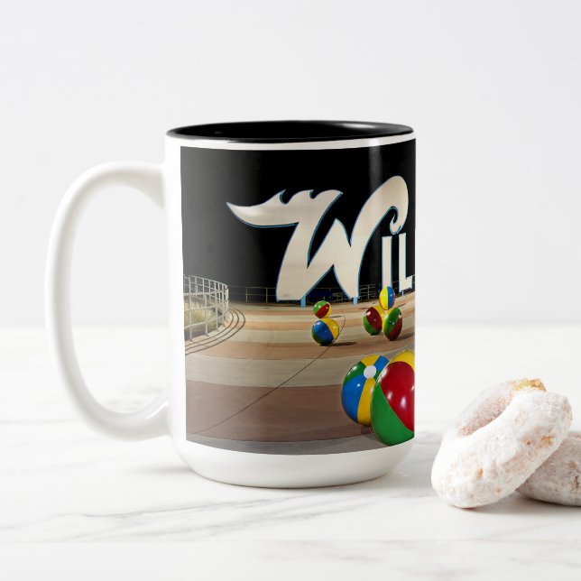 Wildwood's Sign on the Boardwalk in Wildwood NJ Two-Tone Coffee Mug (With Donut)