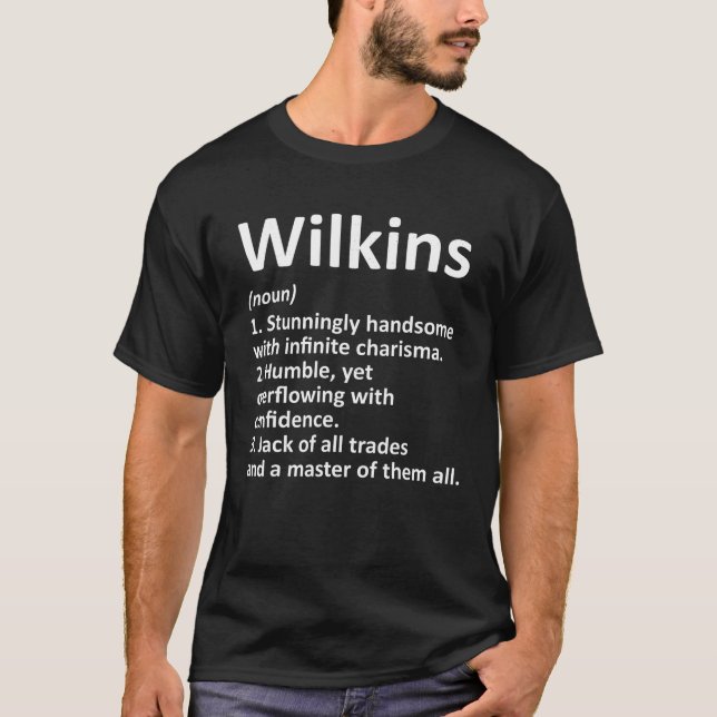 WILKINS Definition Funny Surname Family Birthday R T-Shirt (Front)