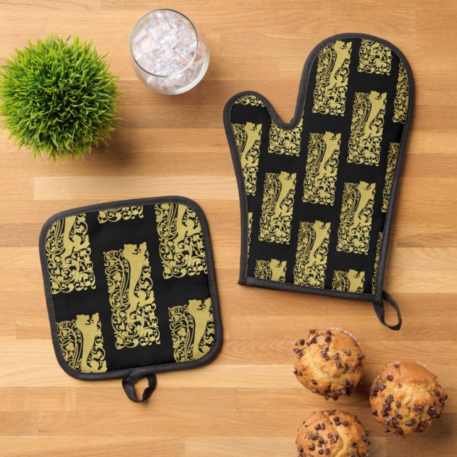 Will Bradley Heraldic Lion Oven Mitt & Pot Holder Set (Top Down)