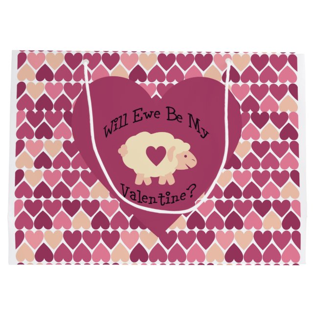 Will Ewe Be My Valentine Heart Pattern Background Large Gift Bag (Back)