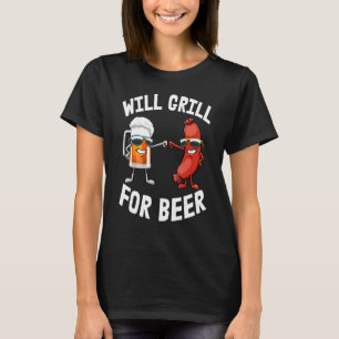 Will Grill For Beer Women Hot Dog & Beer Foodie Lo T-Shirt
