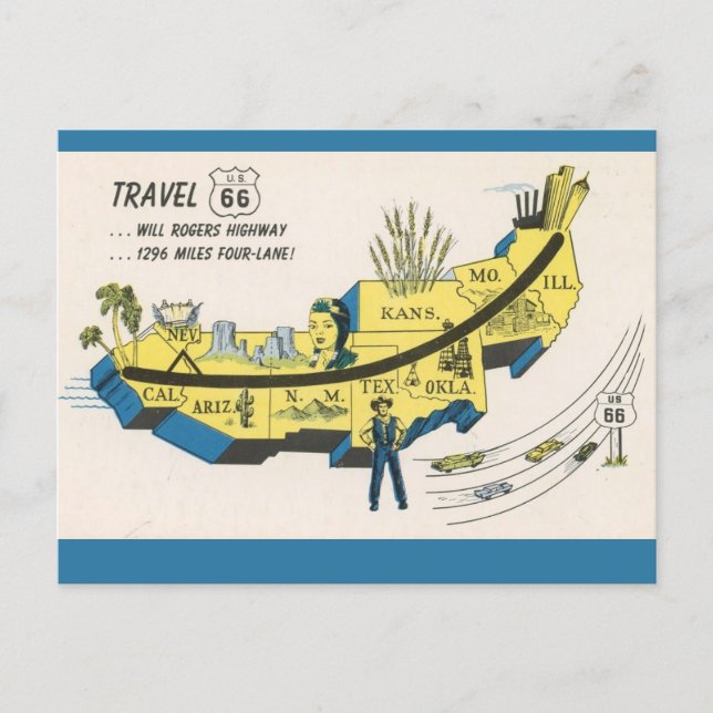 Will Rogers Route 66 Postcard (Front)