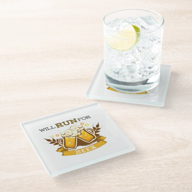 Will run for beer, running design glass coaster (Angled)