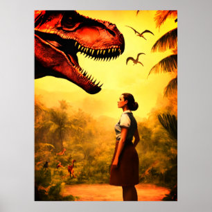 Will the T-Rex Get the Girl in the Forest on Wall Poster
