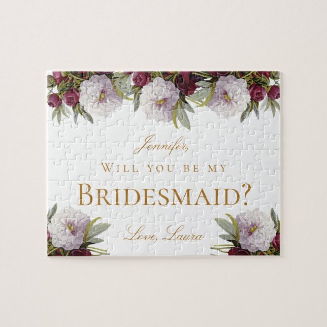 Will U  Be My Bridesmaid Proposal Burgundy Peonies Jigsaw Puzzle (Horizontal)