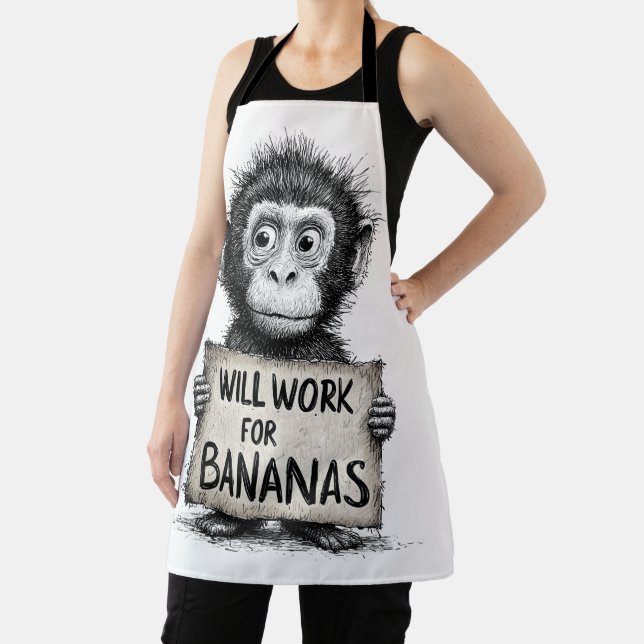 Will Work for Bananas - Humorous Monkey Sketch Apron (Insitu)