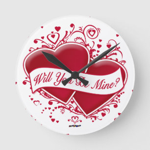 Will You Be Mine? Red Hearts Round Clock