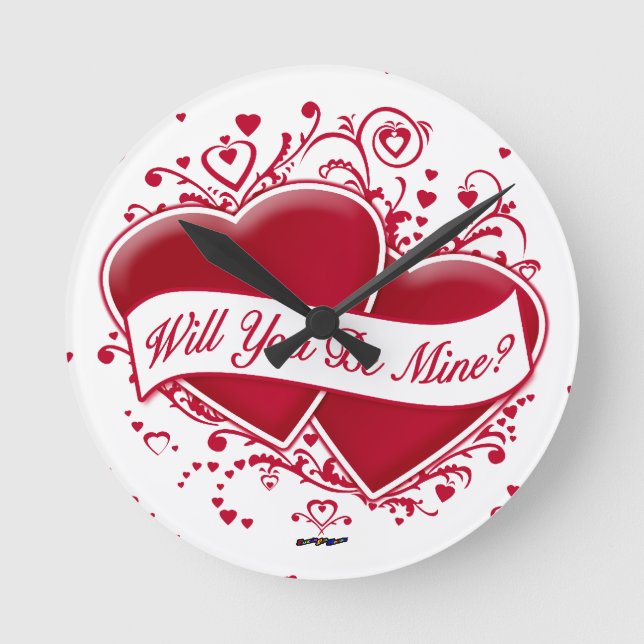 Will You Be Mine? Red Hearts Round Clock (Front)