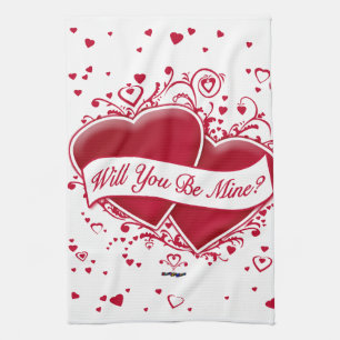 Will You Be Mine? Red Hearts Tea Towel