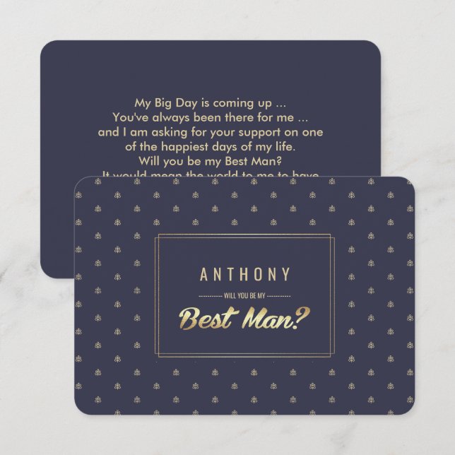 Will you be my Best Man? Navy Blue Gold Wedding Invitation (Front/Back)