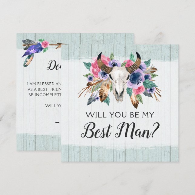Will You Be My Best Man Rustic Floral Skull Card (Front/Back)