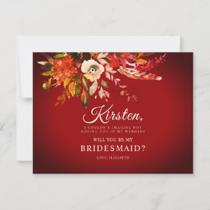 Will You Be My Bridesmaid Autumn Floral Burnt Red Postcard