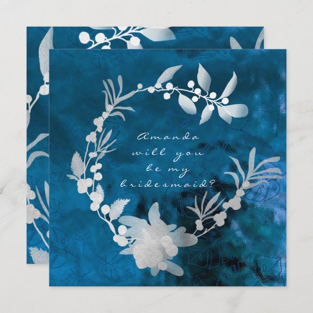 Will You Be My Bridesmaid Blue Glass Grey Wreath Invitation (Front/Back)
