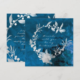 Will You Be My Bridesmaid Blue Glass Grey Wreath Invitation
