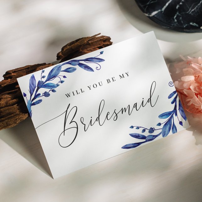 Will you be my bridesmaid. Blue navy floral script Invitation Postcard (Creator Uploaded)