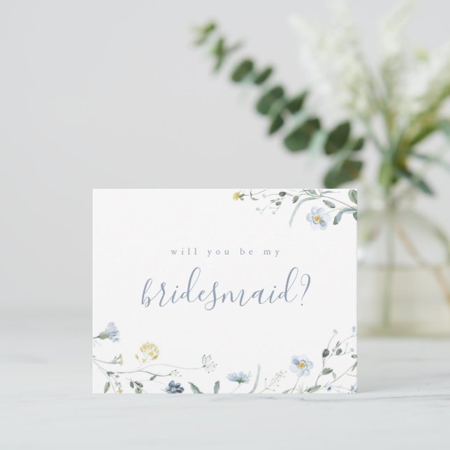 Will you be my bridesmaid Blue Wildflower Boho Invitation (Standing Front)