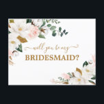 Will You Be My Bridesmaid Blush Pink Floral Gold Postcard<br><div class="desc">Designs features elegant magnolia,  peony rose,  eucalyptus,  greenery and other watercolor elements in white,  blush pink or pink peach and more. The greenery features shades of dark and light green colors with some elements featuring gold,  antique gold and copper.  Design also features a gold colored printed text.</div>