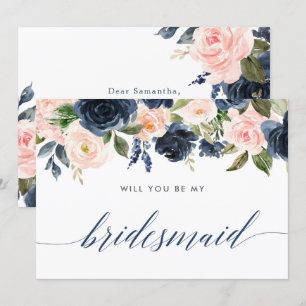 Will you be my bridesmaid blush pink navy blue invitation