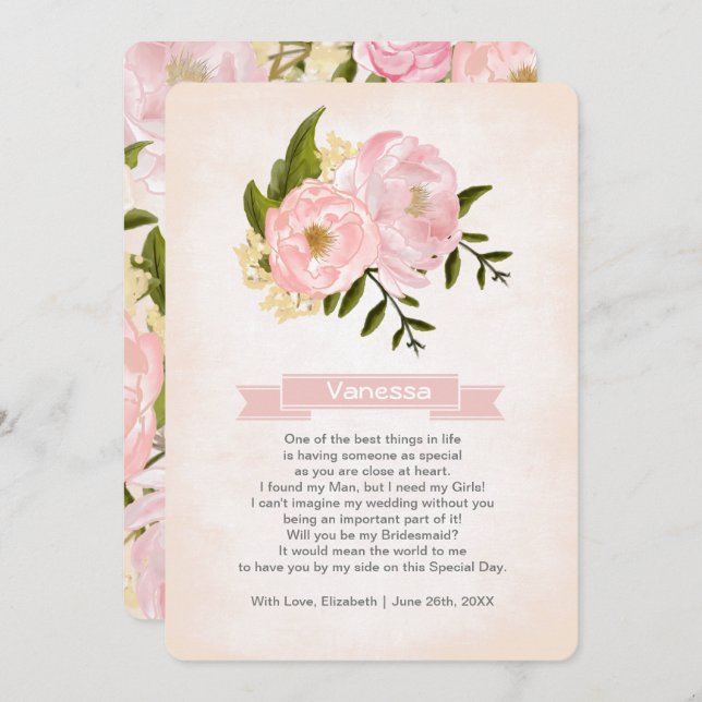 Will you be my Bridesmaid? Blush Pink Peonies Invitation (Front/Back)