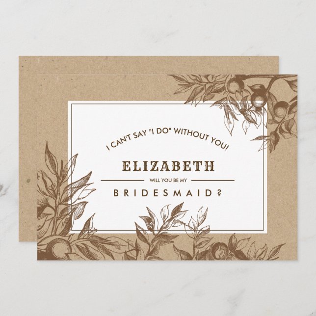 Will you be my Bridesmaid? Botanical Kraft Paper  Invitation (Front/Back)
