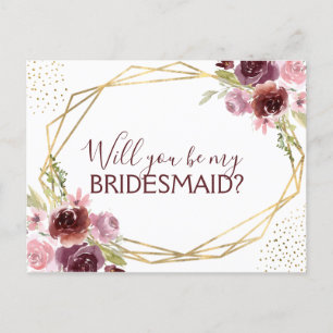 Will you Be My Bridesmaid Burgundy Floral Announcement Postcard
