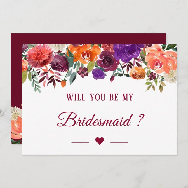 Will You Be My Bridesmaid Burgundy Orange Floral Invitation (Front/Back)