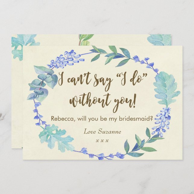 will you be my bridesmaid card blue floral ivory (Front/Back)