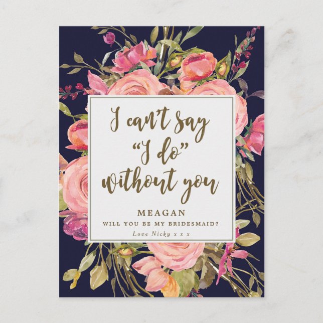 Will you be my bridesmaid card boho floral navy (Front)