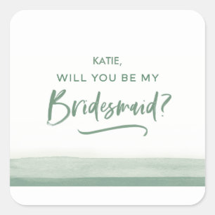 Will You Be My Bridesmaid Card Green Watercolor Square Sticker