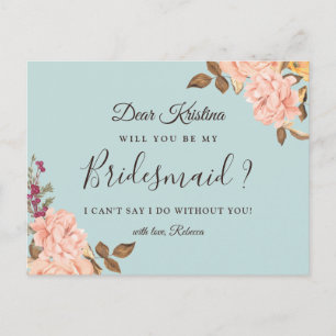 Will You Be My Bridesmaid Dusty Blue Blush Floral Invitation Postcard