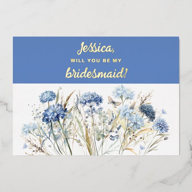 Will You Be My Bridesmaid Dusty Blue Wildflowers (Front)