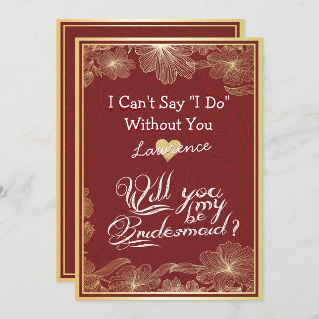 Will You Be My Bridesmaid  Elegant Red Gold Floral Invitation (Front/Back)