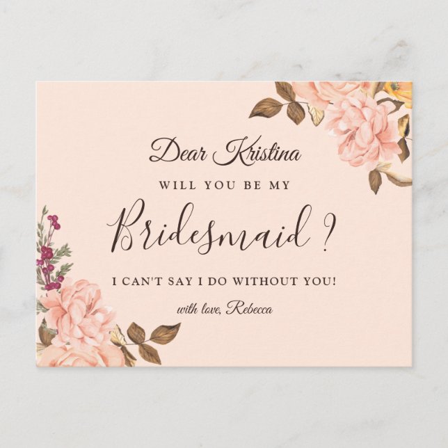 Will You Be My Bridesmaid Elegant Victoria Floral Invitation Postcard (Front)