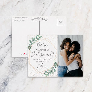 Will You Be My Bridesmaid Eucalyptus Geometric Foil Invitation Postcard