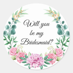 will you be my bridesmaid? floral greenery wreath classic round sticker