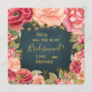 Will you be my bridesmaid floral pink navy gold invitation