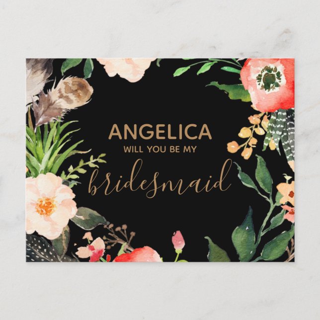 Will you be my bridesmaid floral wreath black gold invitation postcard (Front)