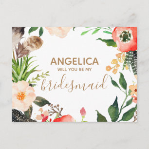 Will you be my bridesmaid floral wreath gold invitation postcard