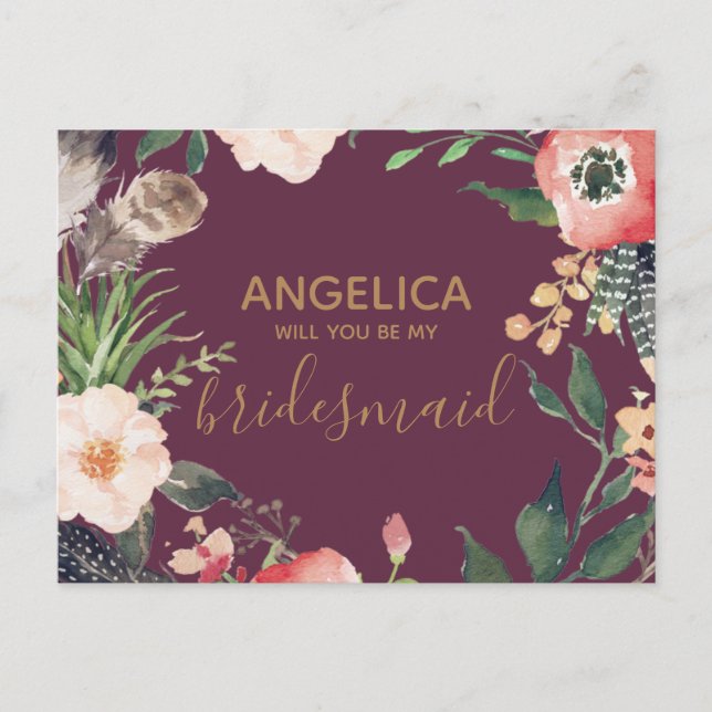 Will you be my bridesmaid floral wreath pink gold invitation postcard (Front)
