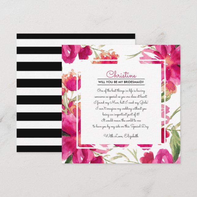 Will you be my Bridesmaid? Fuchsia Floral  Invitation (Front/Back)
