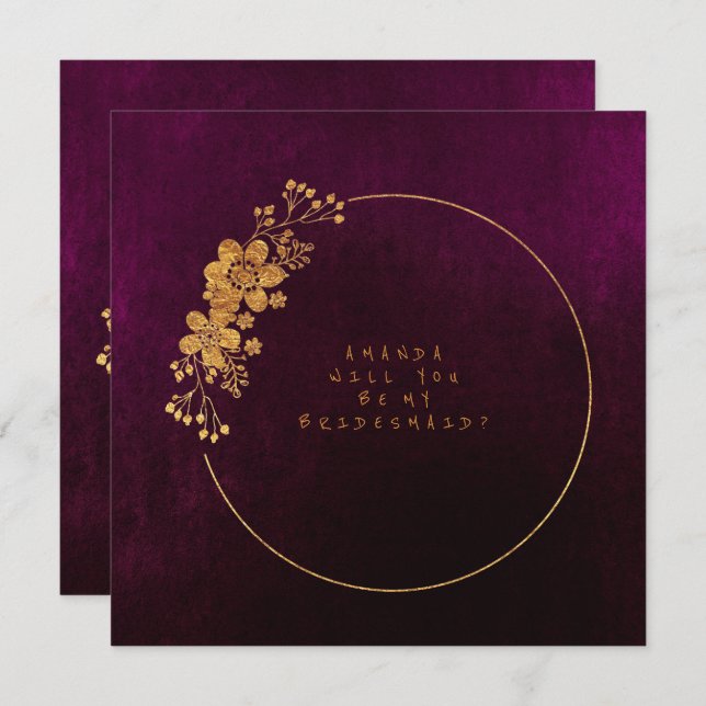 Will You Be My Bridesmaid Gold Burgunde Velvet Invitation (Front/Back)