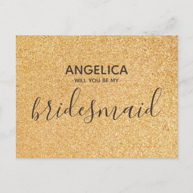 Will you be my bridesmaid gold glitter invitation postcard (Front)