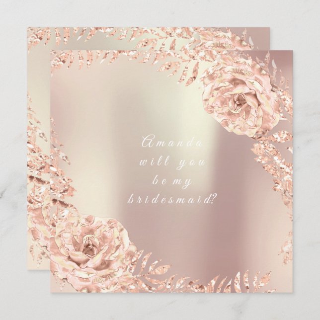 Will You Be My Bridesmaid Gold Pink Rose Wreath Invitation (Front/Back)