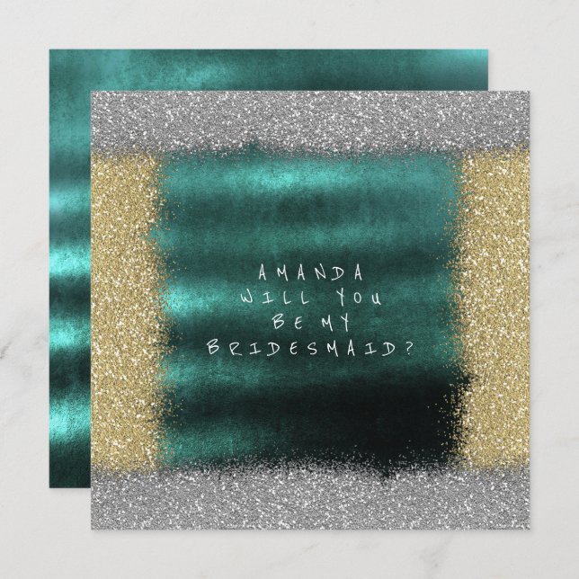 Will You Be My Bridesmaid Golden Glitter Emerald Invitation (Front/Back)