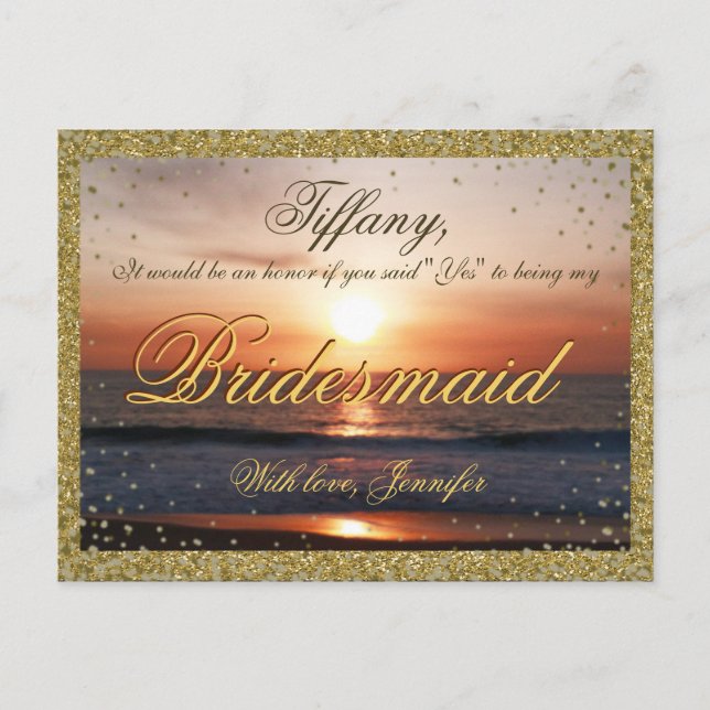 Will You Be My Bridesmaid? Golden Sand / Sunset Invitation Postcard (Front)
