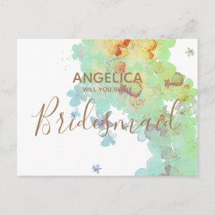 Will you be my Bridesmaid Green Watercolour Floral Invitation Postcard