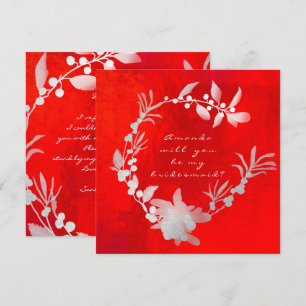 Will You Be My Bridesmaid Grey Silver Red Wreath Invitation