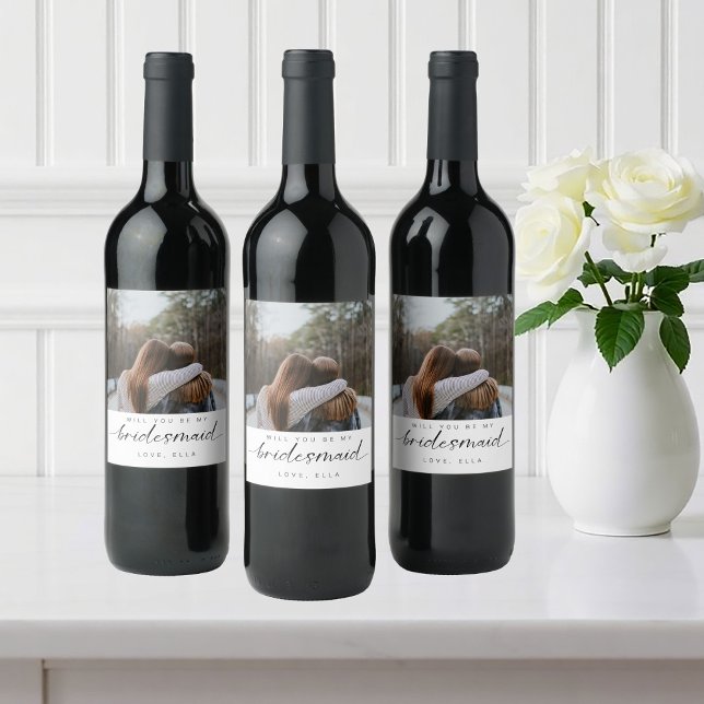 Will you be my Bridesmaid Minimalist Photo Modern Wine Label (Creator Uploaded)